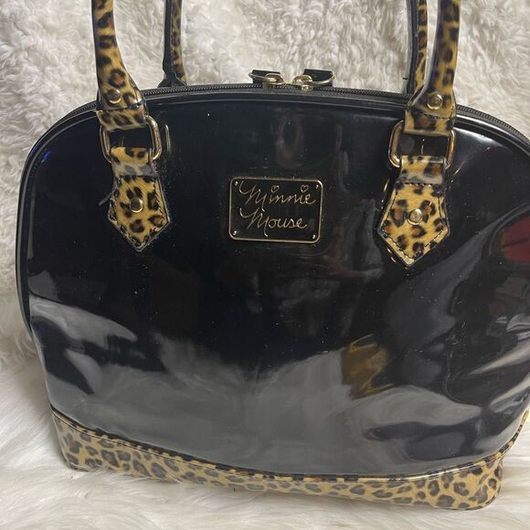 Loungefly Disney Minnie Mouse Dome Satchel synthetic patent black& leopard print - Picture 3 of 16